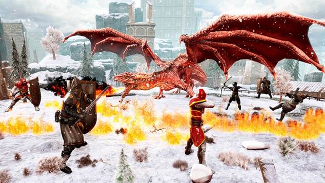 Fotografía de una escena de un juego electrónico en la que seres humanos pelean, con espadas y arcos con flechas contra un enorme dragón rojo, tipo de arte anime, ilustración para el comentario sobre el Gran Dragón de escarlata ardiente por Homer Dewayne Shappley.